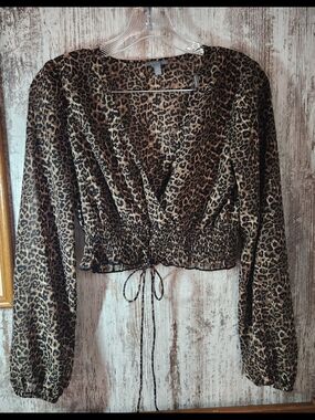 Charlotte Russe Leopard Print  Sheer Smocked V-Neck Crop Top - Brown & Black
